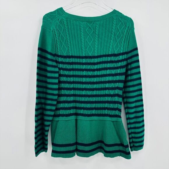 Talbots Size Large Navy Blue & Green Striped Peplum Cable Knit Sweater Top - Picture 4 of 6
